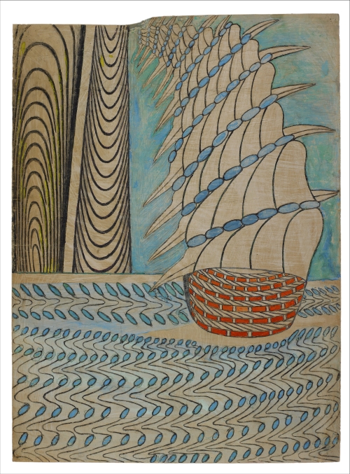 Martín Ramírez. Untitled (Galleon on Water), c1960-63. Gouache, coloured pencil and graphite on pieced paper, 33 x 24 in (84 x 61 cm). Private Collection.